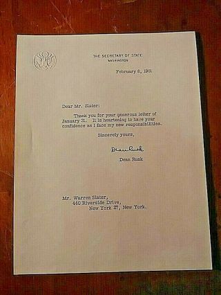 Dean Rusk Als Signed Letter 1961 Secretary Of State Under John F Kennedy & Nixon