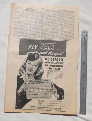 Taa Trans Australian Airlines Large Advertisement Removed From A 1947 Newspaper