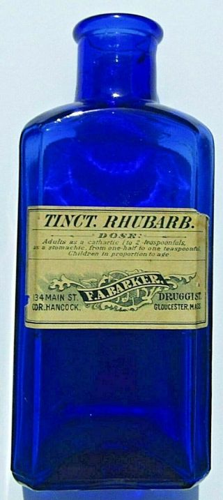 Antique F A Barker Druggist Gloucester Ma W/label Medicine Bottle Tinct Rhubarb