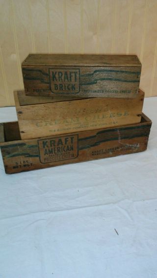 3 Vtg American Process Cheese Brick Wood Box 2 Kraft /bordens Cream Cheese