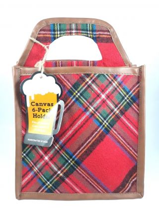 Handcrafted Canvas 6 - Pack Can,  Bottle And Craft Beer Holder Tote Red Plaid