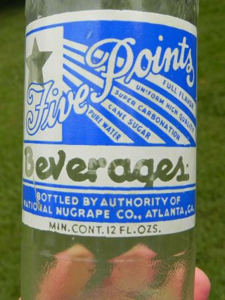 Vintage 1939 Five Points Soda Bottle 12 Oz National Nugrape Co.  Atalanta Georgia