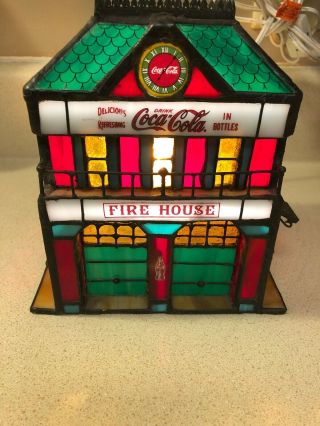 1998 Franklin Coke Coca - Cola Lighted Stained Glass Fire House 7