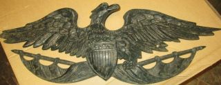 Vintage Black Cast Iron Metal Soaring Eagle Wall Plaque Shield 25 Inch Wingspan