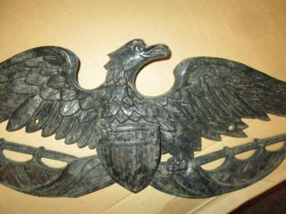 Vintage Black Cast Iron Metal Soaring Eagle Wall Plaque SHIELD 25 Inch Wingspan 2