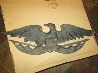 Vintage Black Cast Iron Metal Soaring Eagle Wall Plaque SHIELD 25 Inch Wingspan 3