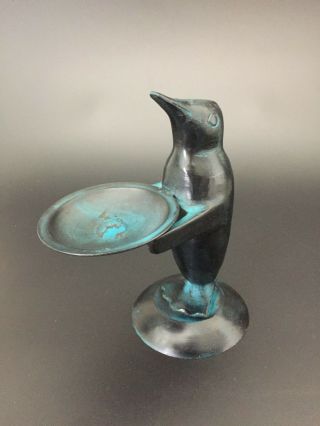 Vintage Patina Bronze Penguin W/ Candle Ring Jewelry Holder Sculpture Figurine