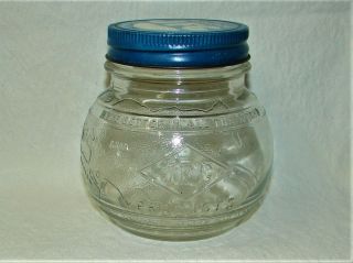Vintage Mid - Century 8oz JFG Peanut Butter Clear Glass Globe Jar 2