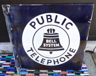 Vintage Bell System Public Telephone Porcelain Enamel Sign 2 - Sided 18 Inch No Re