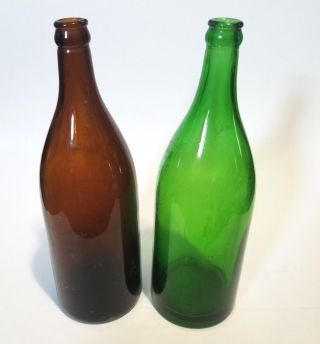 (2) Antique Saratoga Quevic Vichy Water Large Amber Green Bottles 30 Oz Rare