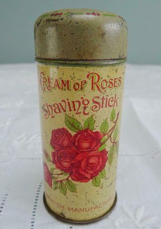 Antique Shaving Stick Case Printed Tin Advertising Edwardian Cream Of Rose Empty