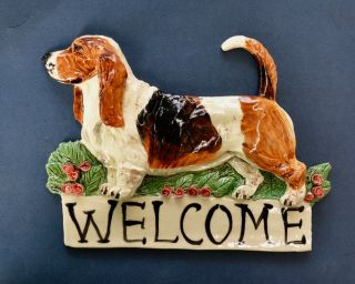 Basset Hound.  Handsculpted Ceramic Welcome Sign.  Ooak.  Look