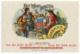Early Key West Industria Cigar Box Paper Litho Sample Label O.  L.  Schwencke Ny