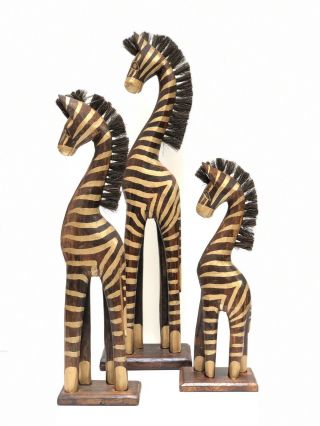 Zebra Statue Set Of 3 Wood Carved Mane Hair Detail 20”16”12 " By Zenda Imports