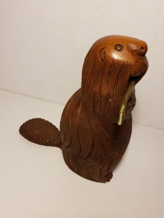 Vintage Hand Carved Wood Beaver With Brass Twig In Mouth - Sarried Ltd