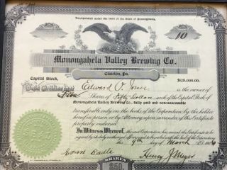 1906 Stock Certificate Monongahela Valley Brewing Co.  Pennsylvania