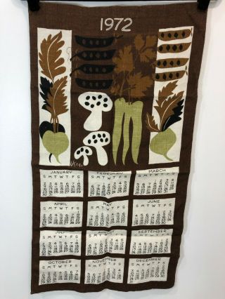 Vintage 1972 Linen Calendar Ueia Brown Vegetables Wall Hanging Cloth 28 " X 15 "