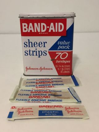 Vintage 60s Band Aid Sheer Strips Metal Box Tin With 3 Bandages Value Pack 70