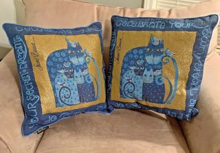 Laurel Burch Blue Indigo Gold Cats Tapestry Throw Pillows Retired