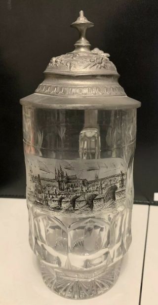 Crystal Etched Lidded Beer Stein From Czechoslovakia