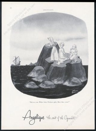 1956 Charles Addams Siren Women Art Angelique White Satin Perfume Print Ad