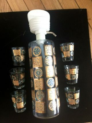 Vintage Mcm Gold Leaf And Turquoise Decantur Set W 6 Shot Glasses Pump Dispenser