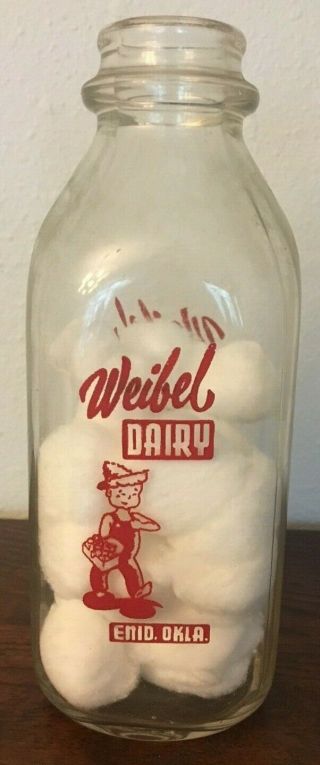 Vintage Weibel Dairy Enid Oklahoma Milk Bottle Barefoot Boy Overalls Straw Hat