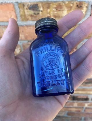 Cobalt Blue Medicine Bottle Phillips Milk of Magnesia Tablets Embossed Antique 2