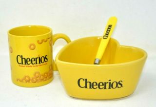 Cheerios 6 " Ceramic Bowl,  Spoon & Coffee Cup Mug Set Yellow Heart Shape