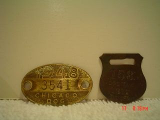 2 Very Old Metal Dog Tax Tags,  1917 Gilbert Dog Tag & 1948 Brass Chicago Dog Tag