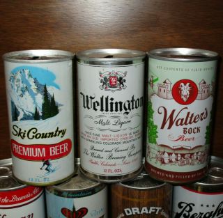14 pull tab beer cans,  Walter,  Pueblo,  CO,  Ski Country,  Bock,  Crystal,  Berghoff 2