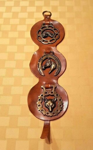 Vintage Leather Horse Bridle Strap W/three Brass Medallions (fish,  Horse,  Fox)