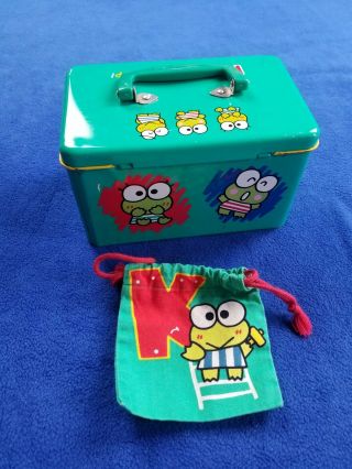 Vintage Sanrio Kerokerokeroppi Frog Tin Box 1992 Vtg Co Ltd With Accessorie Sack