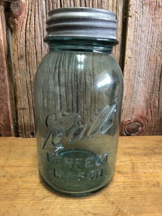 Vintage Ball Perfect Mason Deep Aqua Blue Jar Quart 13 W/ Lid