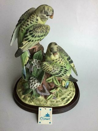 Stunning Royal Crown Arnart Parakeets In Tree Porcelain Figurine,  Vintage 1975