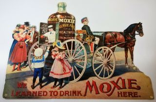 We Learned To Drink Moxie Here Horse Drawn Wagon Soda Pop Heavy Metal Adv Sign