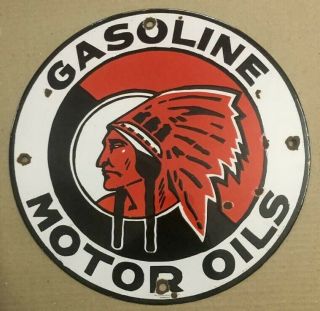 Vintage Red Indian Gasoline Porcelain Motor Oil Enamel Sign 11 3/4 "