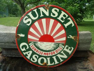 Old Vintage Sunset Gasoline - Motor Oil Porcelain Gas Pump Sign