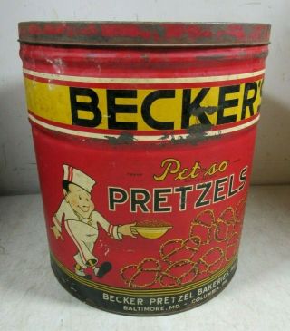 Large Vintage Becker ' s Pet - so Pretzels Tin Baltimore MD Columbia PA 5
