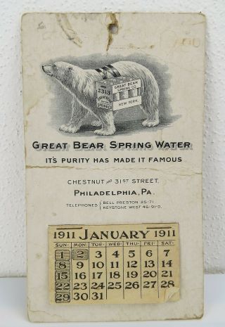 Antique Great Bear Spring Water 1911 Calendar Advertising Sign