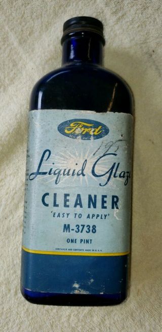 Vintage Blue Glass Bottle Liquid Glaze Cleaner Product Of Ford Motor Company