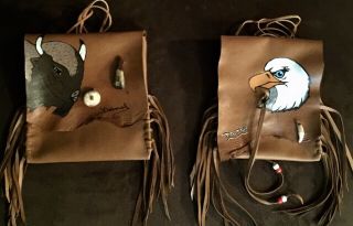" Eagle " & " Buffalo " Hand Painted Lambskin Medicine Bags,  With Fringe.  (2)