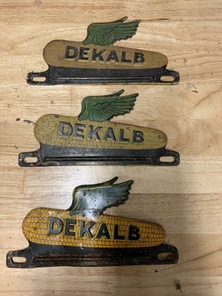 Three Vintage Dekalb Flying Corn Metal License Plate Holders Sycamore Illinois