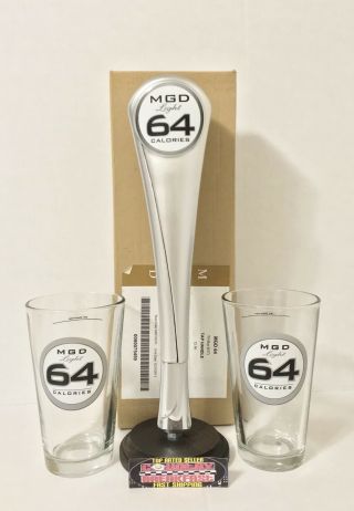 Miller Draft Mgd 64 Light Set Beer Tap Handle,  (2) Glasses -