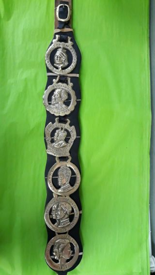 6 Vintage Brass Royal Coronations Horse Bridle Medallions On Leather Strap