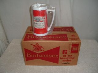 Case Of 6 Vintage Budweiser Thermo - Serv Insulated Steins W/handles 16oz.  Nos