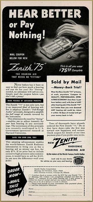 1948 A Zenith Radionic " 75 " Hearing Aid Hear Better Or Pay Nothing Print Ad