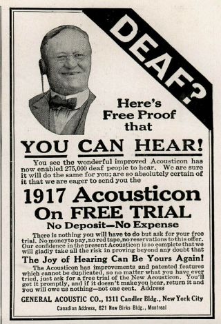 1917 Acousticon Hearing Aid General Acoustic Co Hearing Aid Deaf Print Ad
