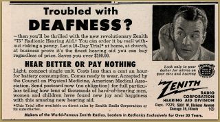 1949 A Zenith 75 Radionic Hearing Aid " Troubled By Deafness " Print Ad