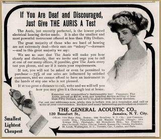 1912 A The General Acoustic Co Deaf Hearing Aid The Auris Woman Ad